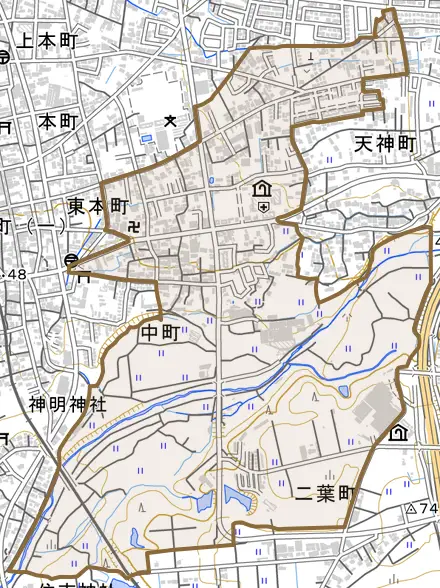 中町とその周辺の地図。町の範囲を重ねている