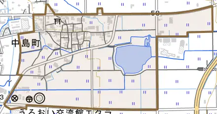 中島町とその周辺の地図。町の範囲を重ねている