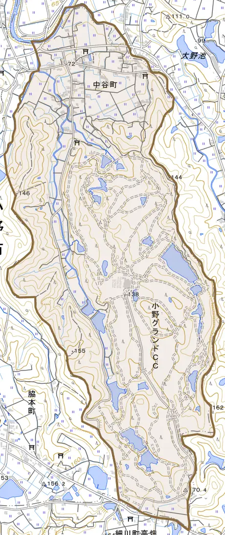 中谷町とその周辺の地図。町の範囲を重ねている