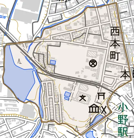 西本町とその周辺の地図。町の範囲を重ねている