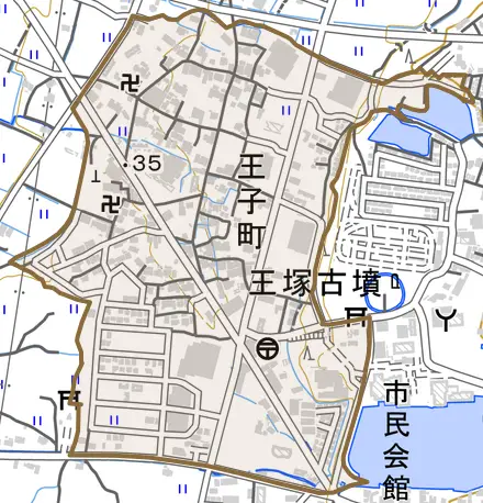 王子町とその周辺の地図。町の範囲を重ねている