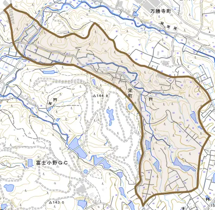 栄町とその周辺の地図。町の範囲を重ねている
