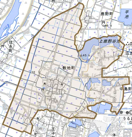 敷地町とその周辺の地図。町の範囲を重ねている