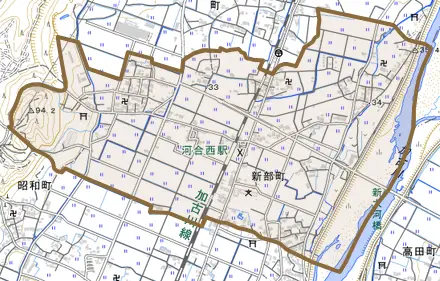 新部町とその周辺の地図。町の範囲を重ねている