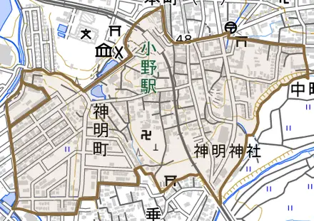 神明町とその周辺の地図。町の範囲を重ねている