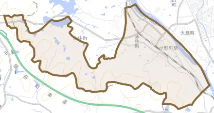下来住町とその周辺の地図。町の範囲を重ねている
