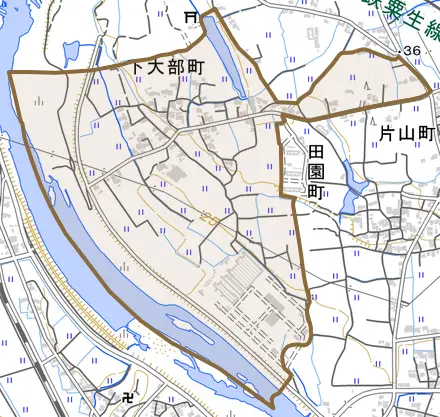 下大部町とその周辺の地図。町の範囲を重ねている