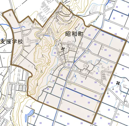 昭和町とその周辺の地図。町の範囲を重ねている