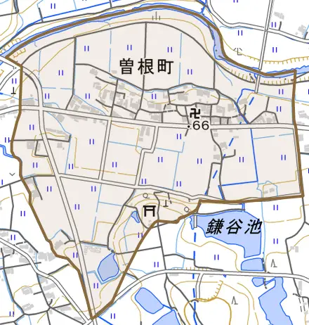 曽根町とその周辺の地図。町の範囲を重ねている
