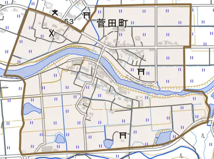 菅田町とその周辺の地図。町の範囲を重ねている