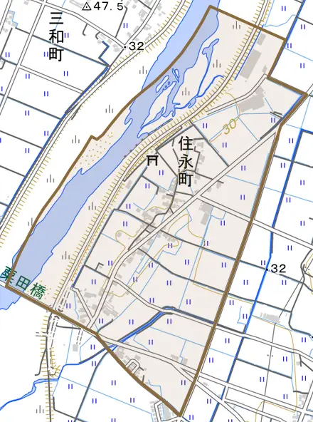 住永町とその周辺の地図。町の範囲を重ねている