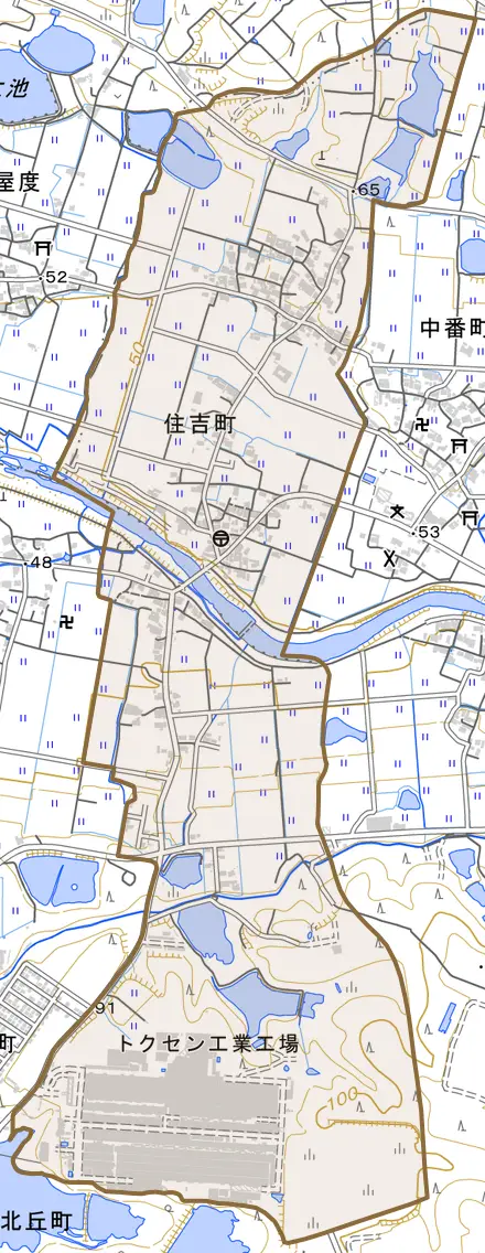 住吉町とその周辺の地図。町の範囲を重ねている