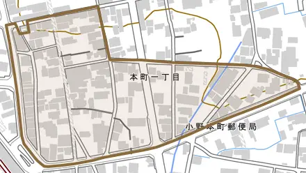 本町一丁目とその周辺の地図。町の範囲を重ねている