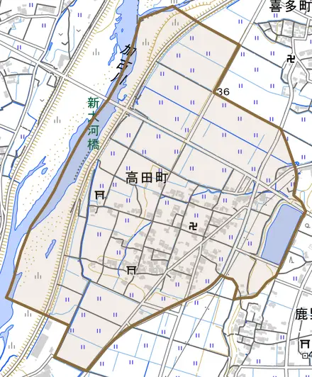 高田町とその周辺の地図。町の範囲を重ねている