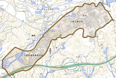 匠台とその周辺の地図。町の範囲を重ねている