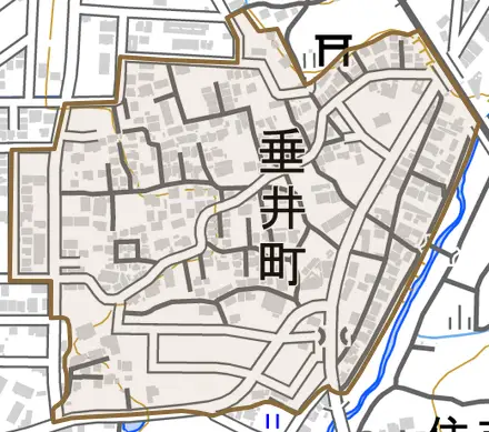 垂井町とその周辺の地図。町の範囲を重ねている