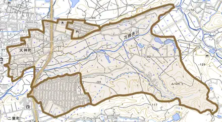 天神町とその周辺の地図。町の範囲を重ねている