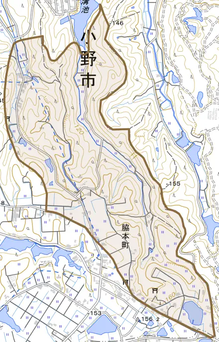 脇本町とその周辺の地図。町の範囲を重ねている