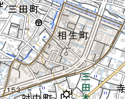 相生町とその周辺の地図。町の範囲を重ねている