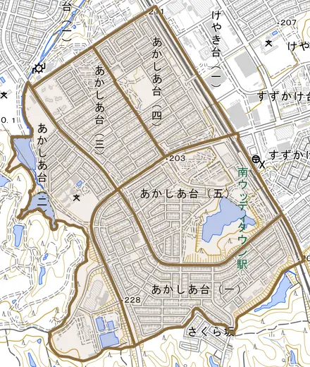 あかしあ台とその周辺の地図。町の範囲を重ねている