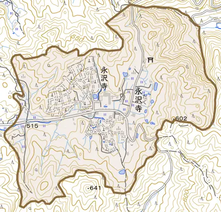 永沢寺とその周辺の地図。町の範囲を重ねている