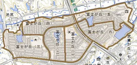 富士が丘とその周辺の地図。町の範囲を重ねている