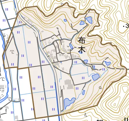 布木とその周辺の地図。町の範囲を重ねている