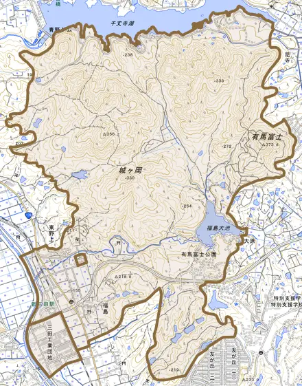 福島とその周辺の地図。町の範囲を重ねている