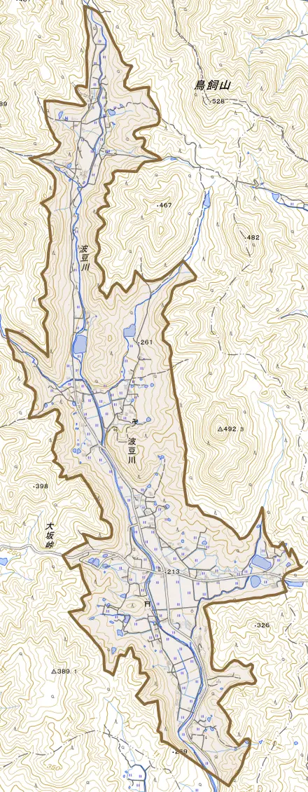 波豆川とその周辺の地図。町の範囲を重ねている