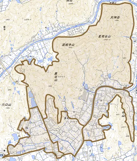 東本庄とその周辺の地図。町の範囲を重ねている