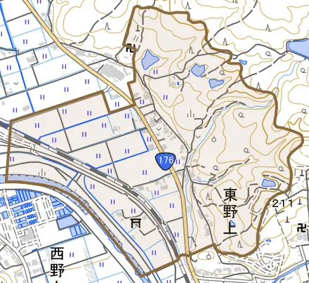 東野上とその周辺の地図。町の範囲を重ねている