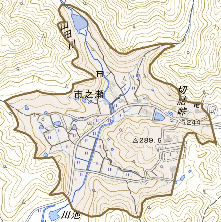 市之瀬とその周辺の地図。町の範囲を重ねている