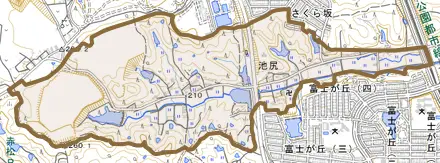 池尻とその周辺の地図。町の範囲を重ねている