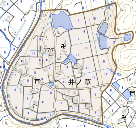 井ノ草とその周辺の地図。町の範囲を重ねている