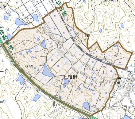 上相野とその周辺の地図。町の範囲を重ねている