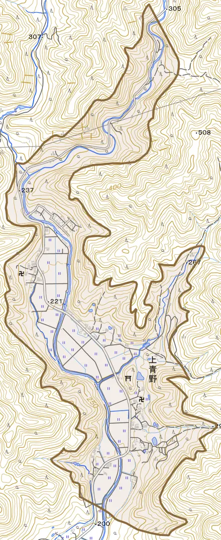上青野とその周辺の地図。町の範囲を重ねている