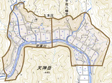 上本庄とその周辺の地図。町の範囲を重ねている
