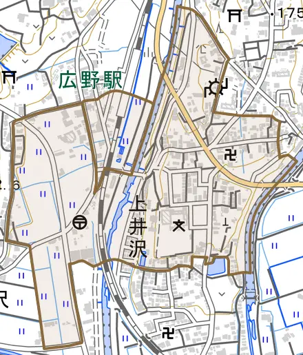上井沢とその周辺の地図。町の範囲を重ねている