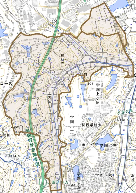 上内神とその周辺の地図。町の範囲を重ねている