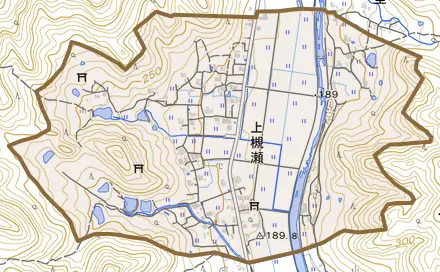 上槻瀬とその周辺の地図。町の範囲を重ねている