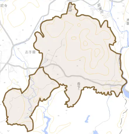 香下とその周辺の地図。町の範囲を重ねている