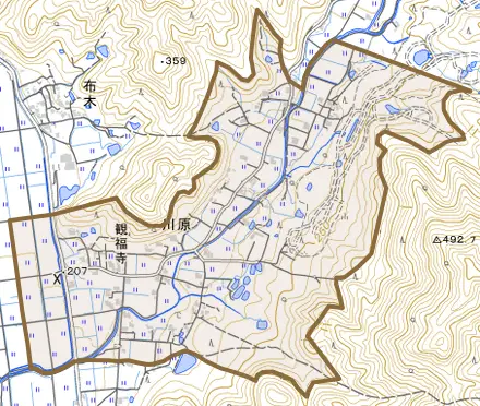 川原とその周辺の地図。町の範囲を重ねている