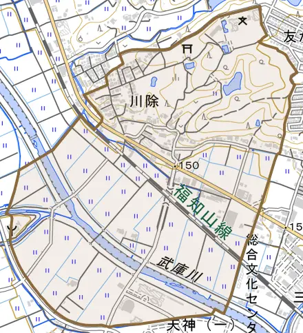 川除とその周辺の地図。町の範囲を重ねている