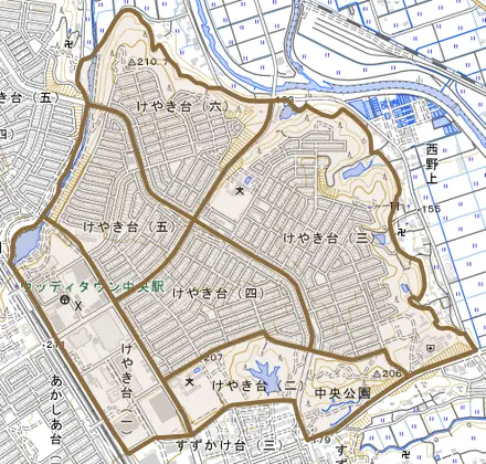 けやき台とその周辺の地図。町の範囲を重ねている