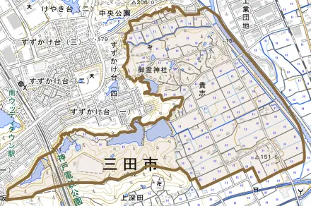貴志とその周辺の地図。町の範囲を重ねている