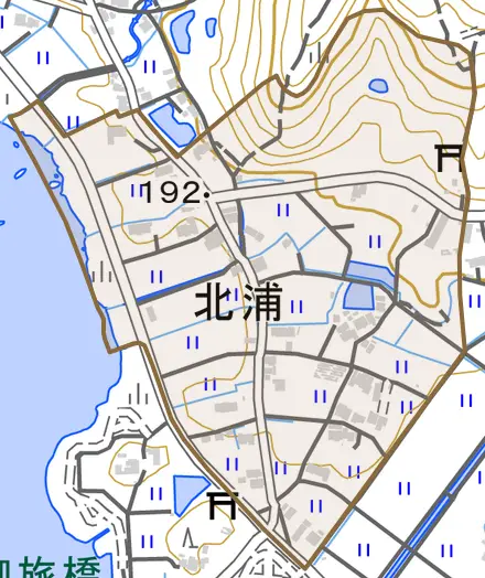 北浦とその周辺の地図。町の範囲を重ねている