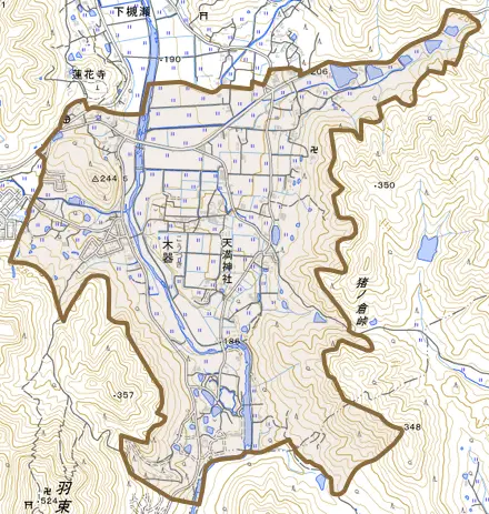 木器とその周辺の地図。町の範囲を重ねている