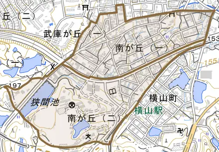 南が丘とその周辺の地図。町の範囲を重ねている