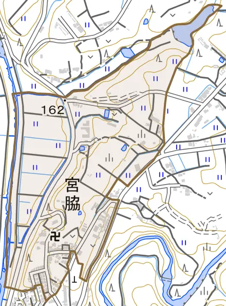 宮脇とその周辺の地図。町の範囲を重ねている