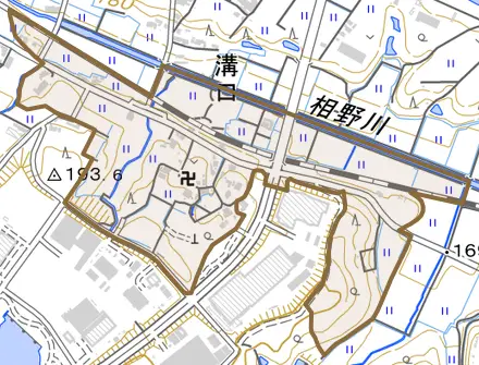 溝口とその周辺の地図。町の範囲を重ねている